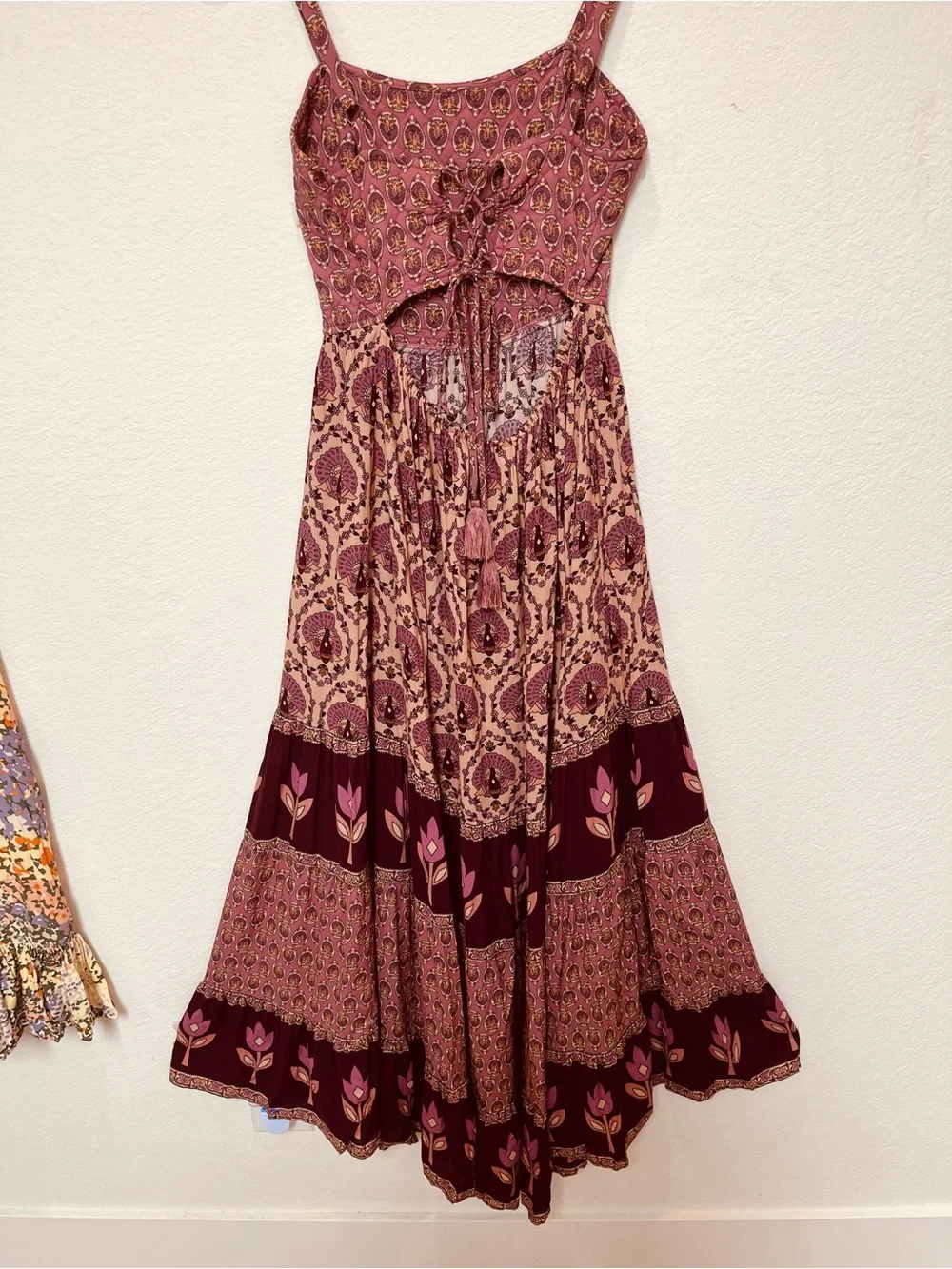 Spell Floral Boho/Gypsy Tiered Spaghetti Strap Maxi Dress - Pink Burgundy Cream - Picture 2 of 12